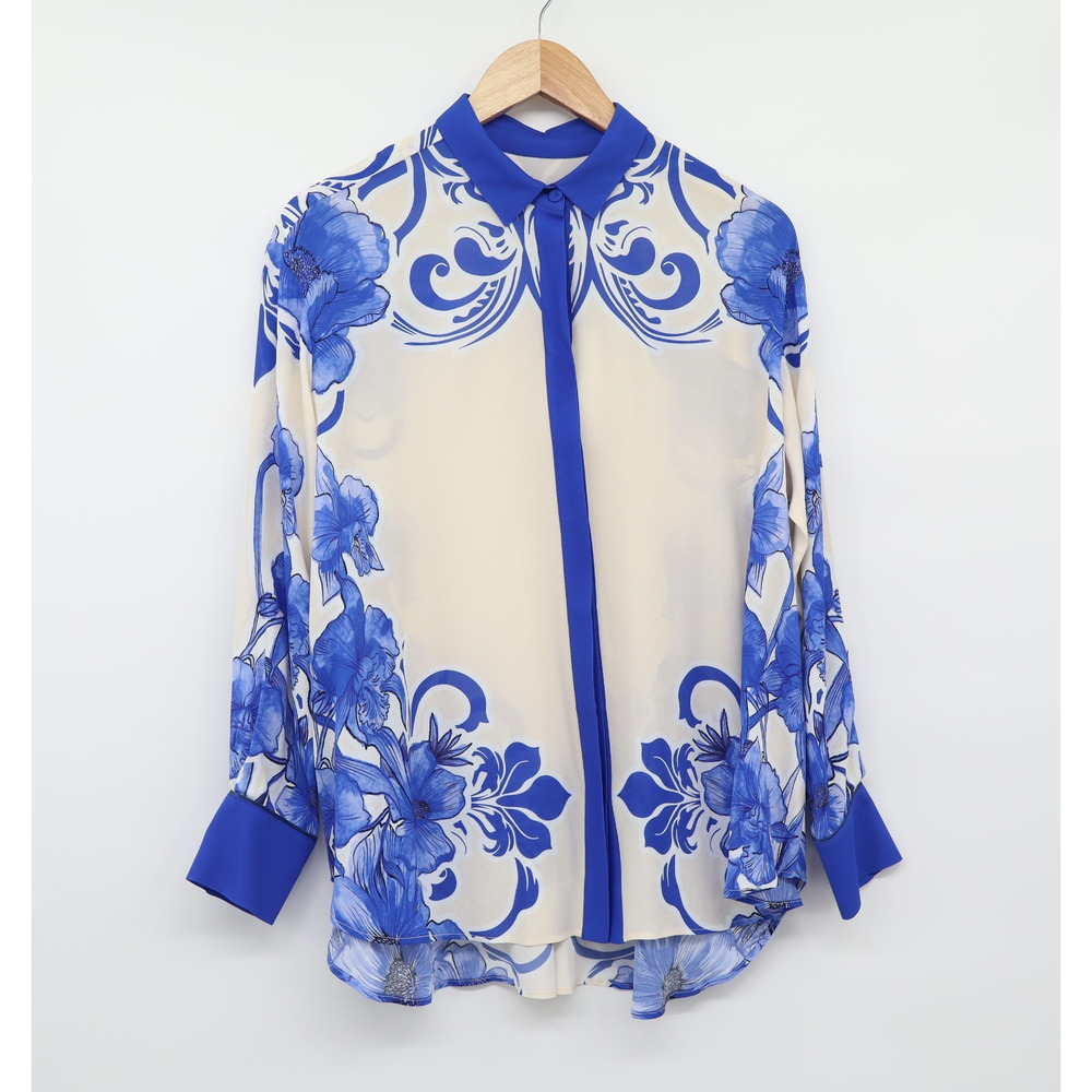 Borgo De Nor Women's Nova Crepe Blue Calla Lily Button Up Blouse Sz 8 NEW